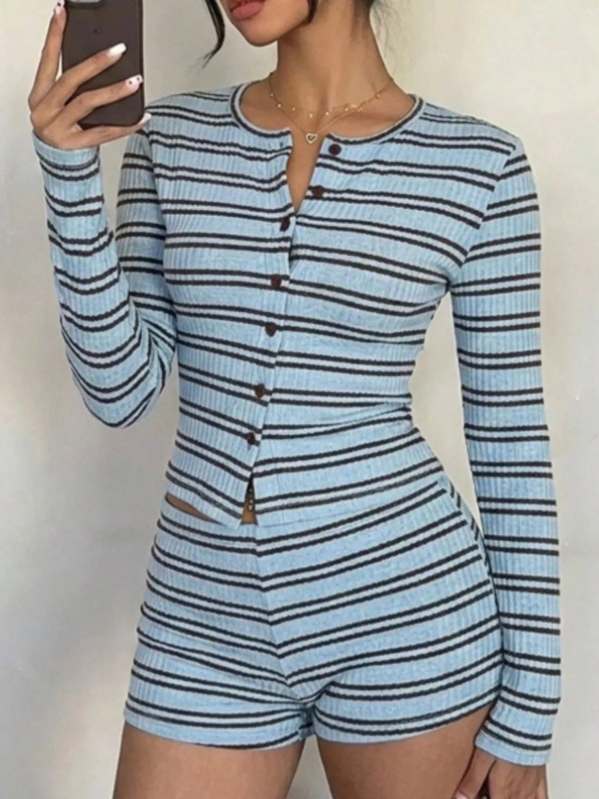 Striped Button-Down Cardigan and Shorts Set