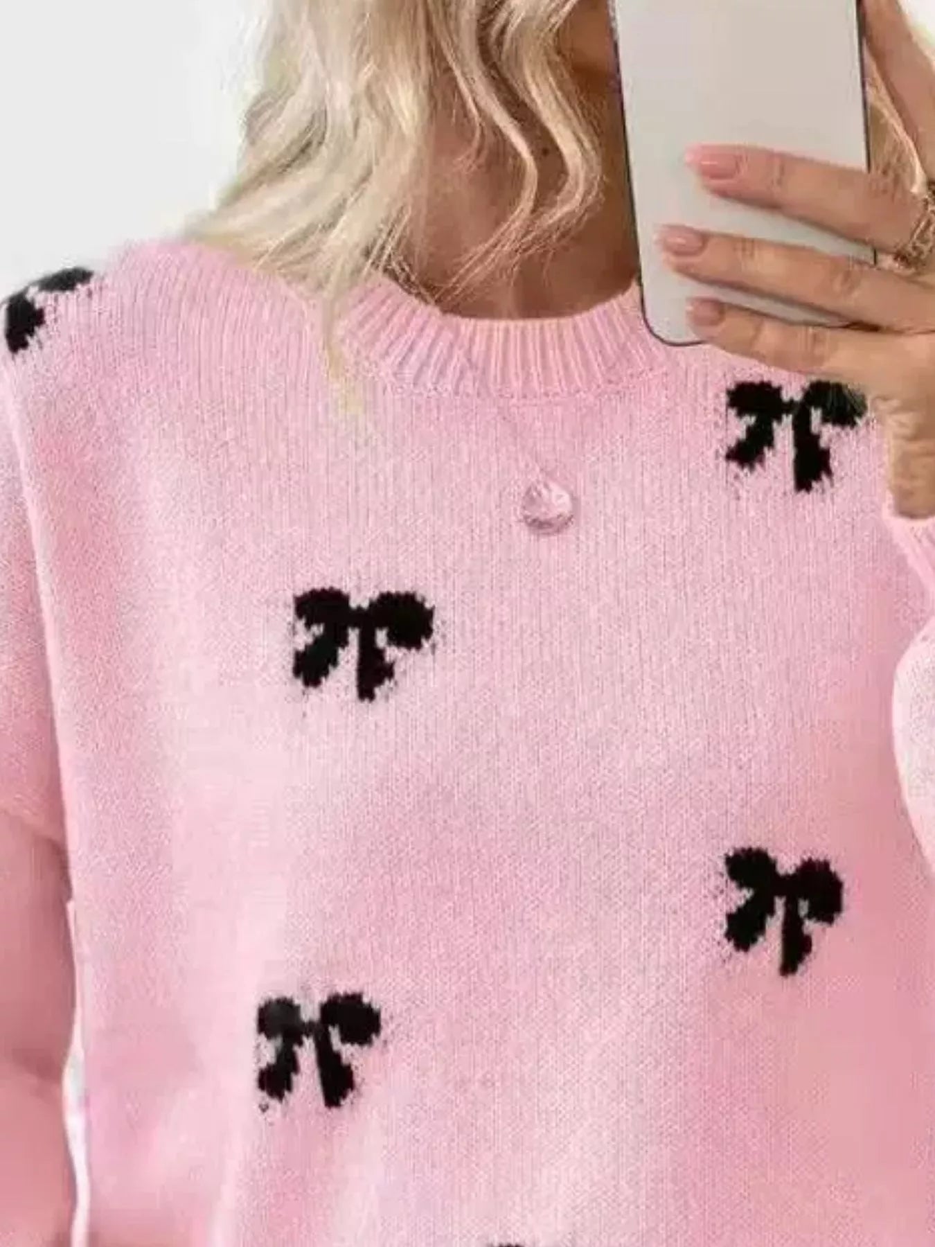 Bow Round Neck Dropped Shoulder Sweater