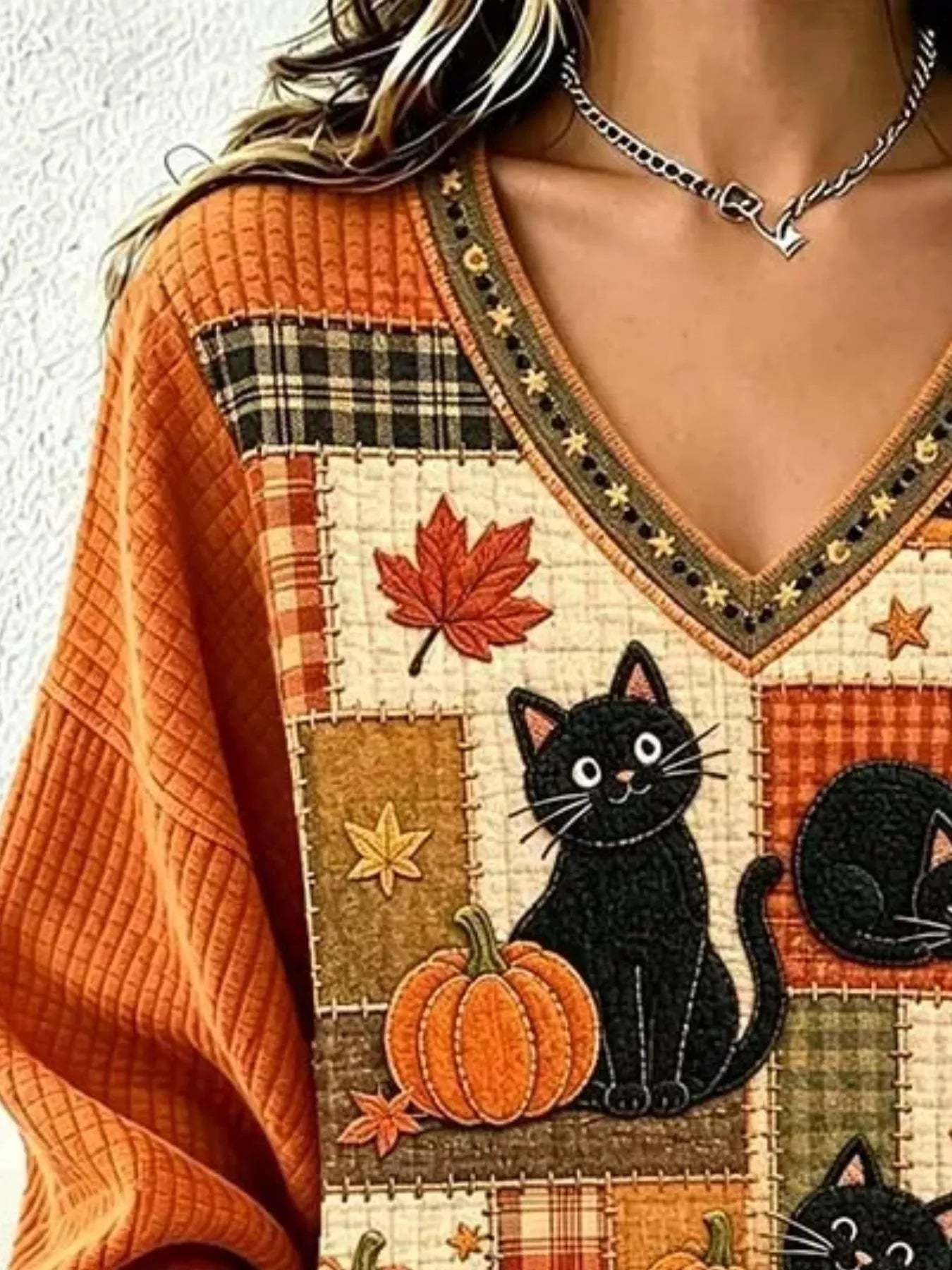 Full Size Cat and Pumpkin V-Neck Sweater Plus Size