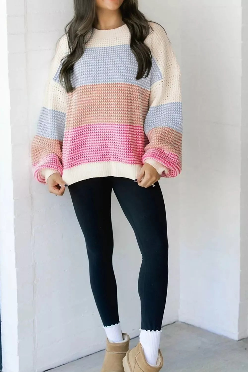Color Block Waffle Knit Drop Shoulder Round Neck Long Sleeve Sweater