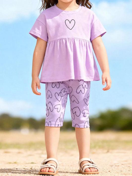Children's Heart Print Tee and Shorts Casual Set