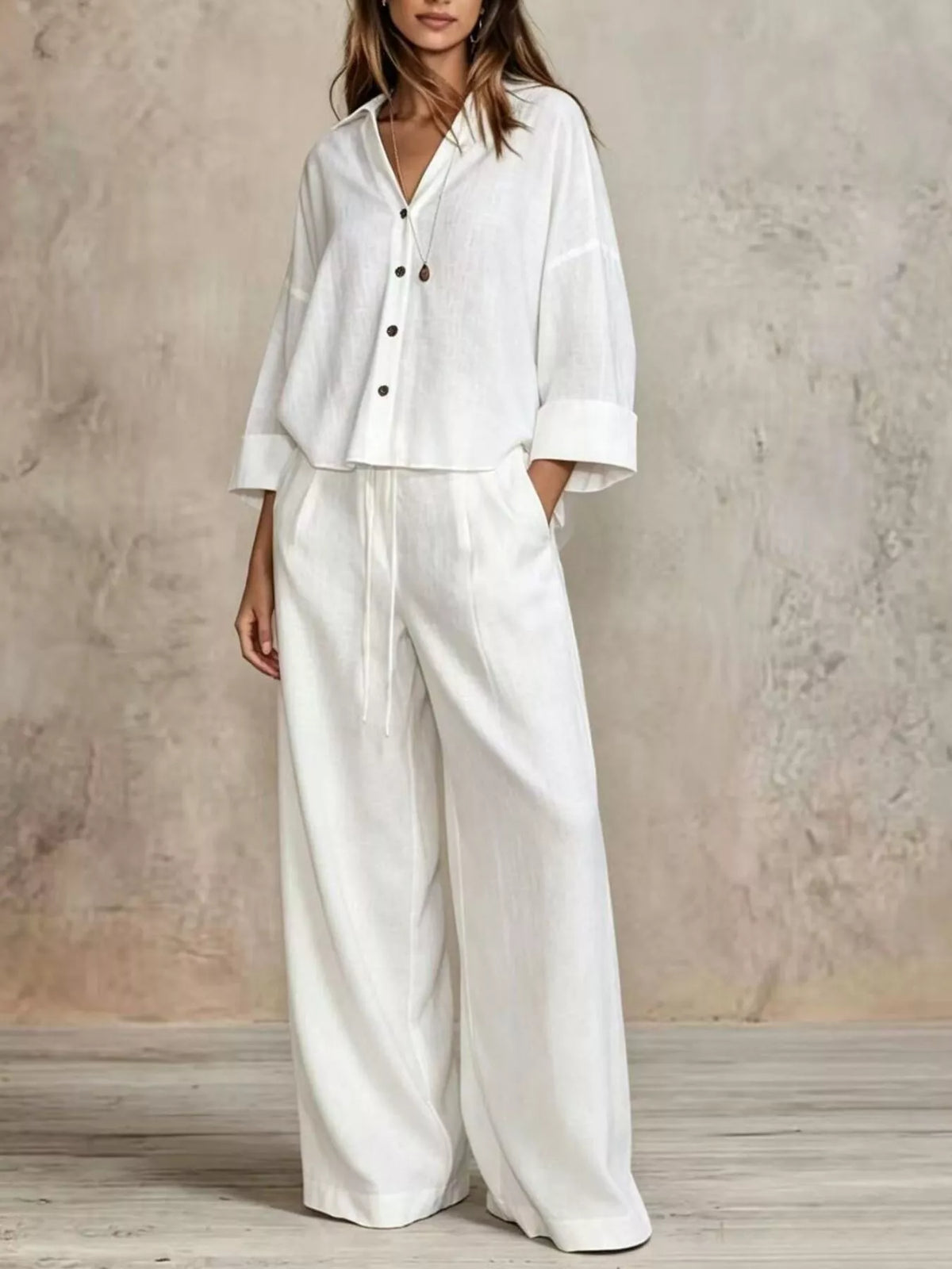 Full Size Button-Down Shirt and Wide-Leg Pants Set Plus Size