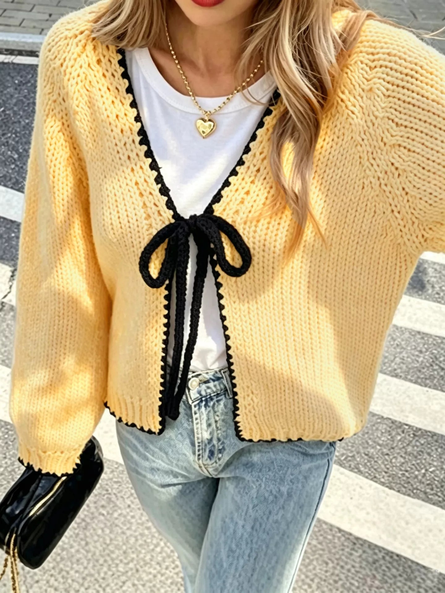 Full Size Chic Tie-Front Contrast-Trim Cardigan Plus Size