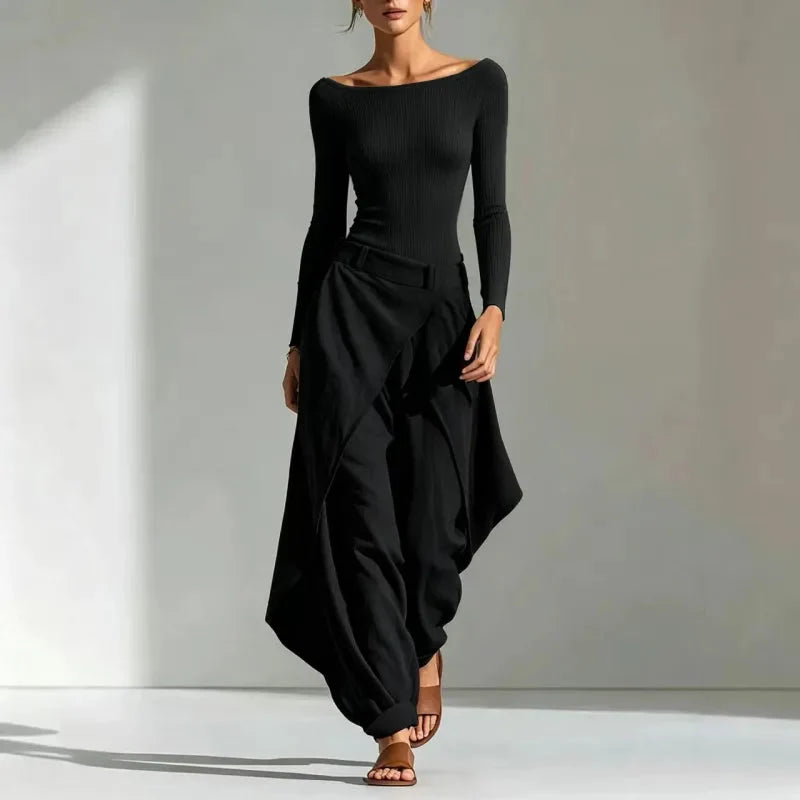 Women's Off-Shoulder Slim Top & Draped Wide Leg Pants Two-Piece Set