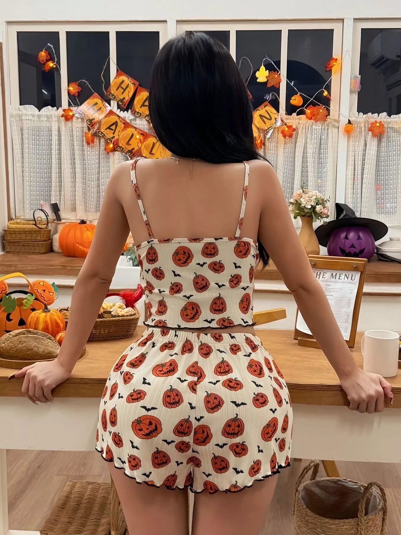 Halloween Pumpkin Print Cami and Shorts Lounge Set
