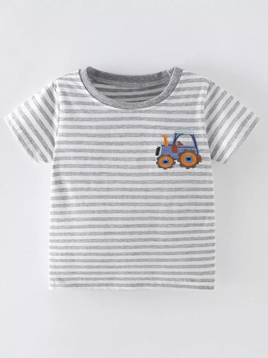 Children's Striped Cotton Toddler T-Shirt with Tractor Applique