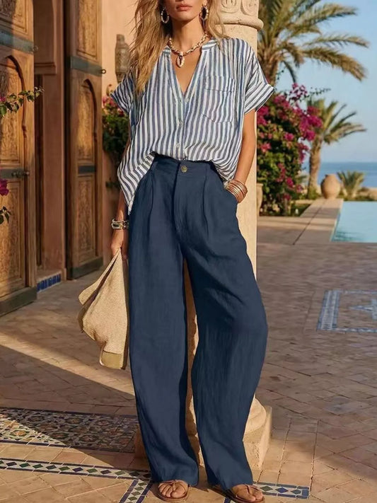Full Size Striped Button Up Shirt and Pants Set Plus Size