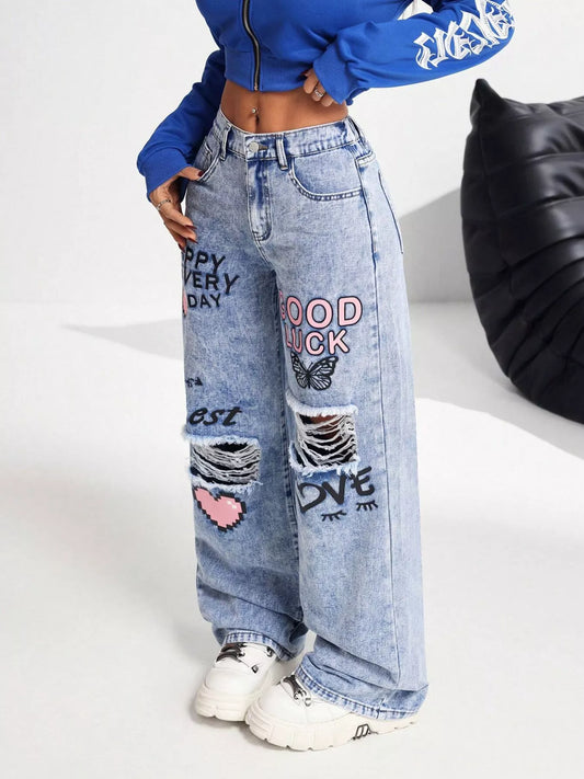 Graffiti Print Ripped Wide Leg Jeans