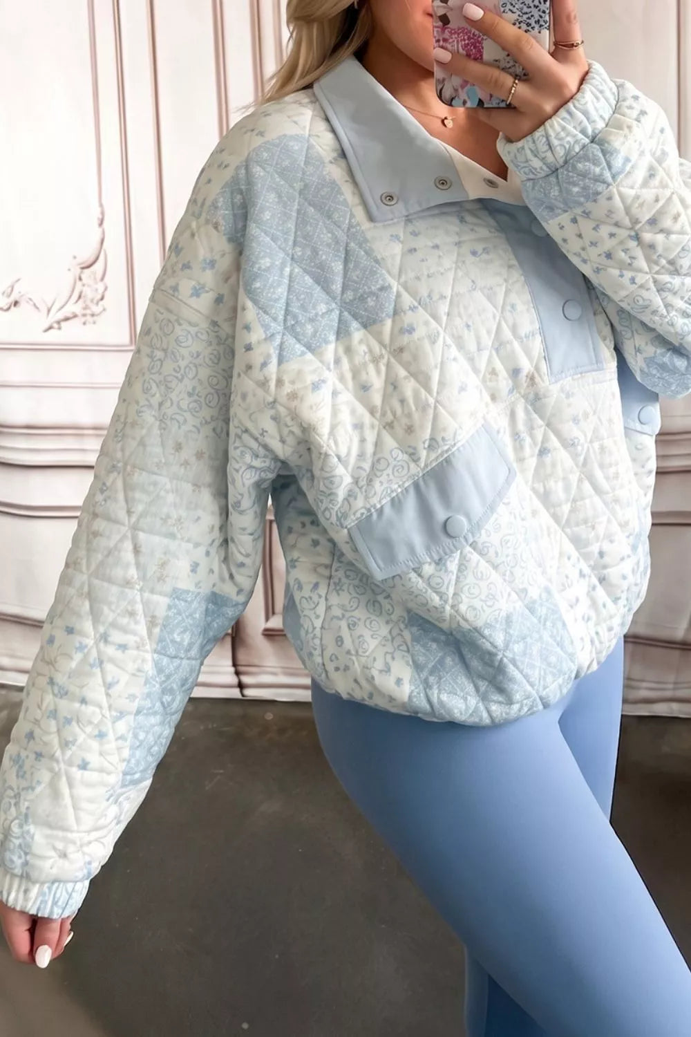 Patchwork Quilted Snap-Neck Sweatshirt