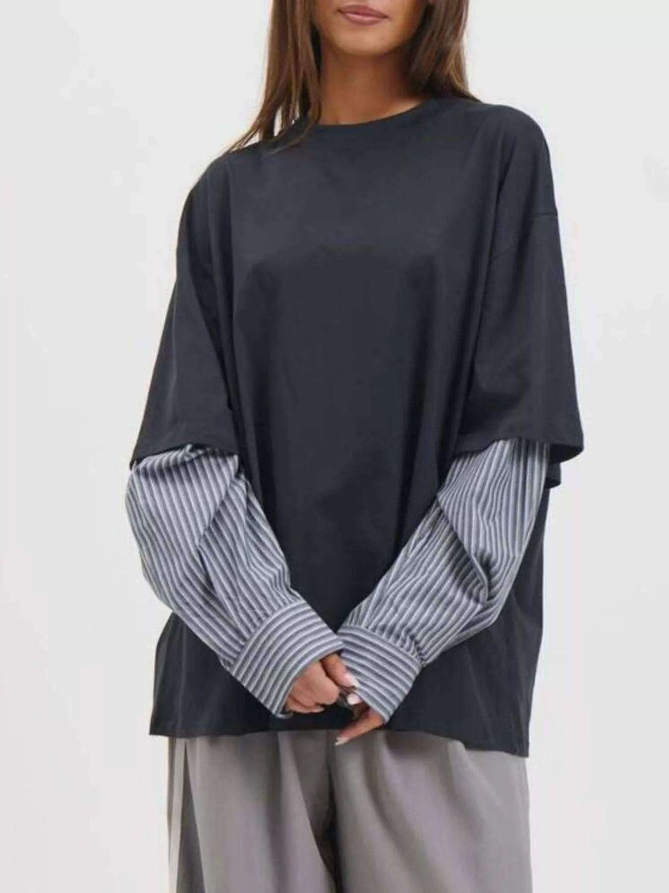 Oversized Layered-Look T-Shirt with Striped Sleeves