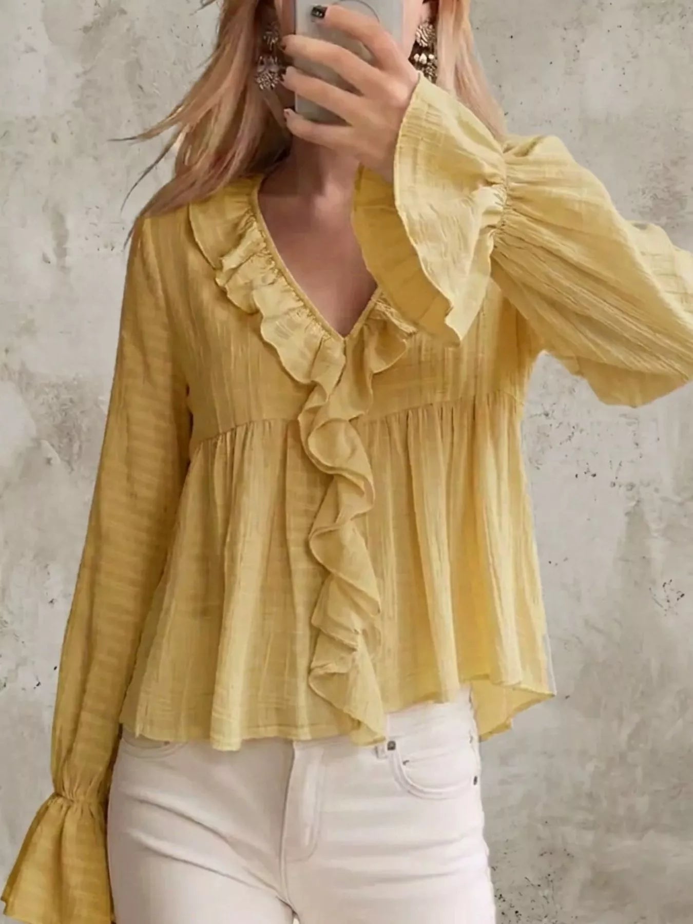 Ruffled V-Neck Flounce Sleeve Blouse