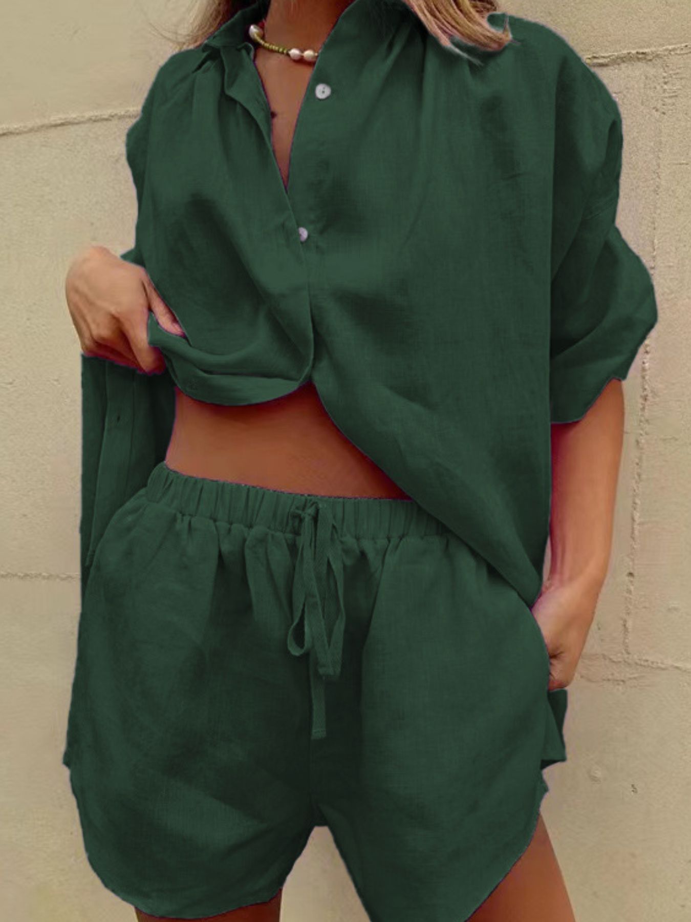 Button Up Shirt and Drawstring Shorts Set