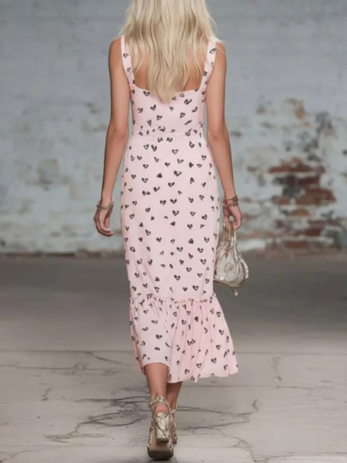 Heart-Print Cowl Neck Midi Dress