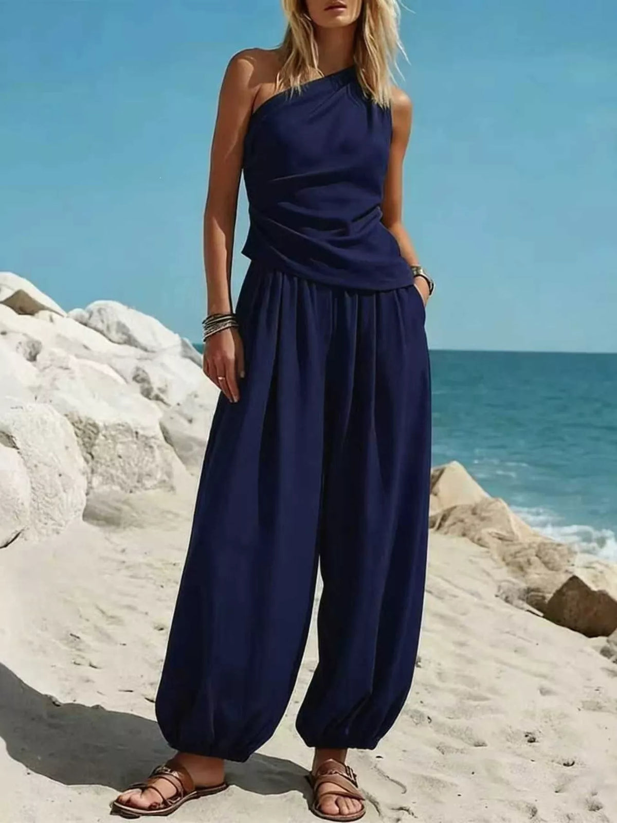 Full Size One-Shoulder Sleeveless Top and Harem Pants Set Plus Size