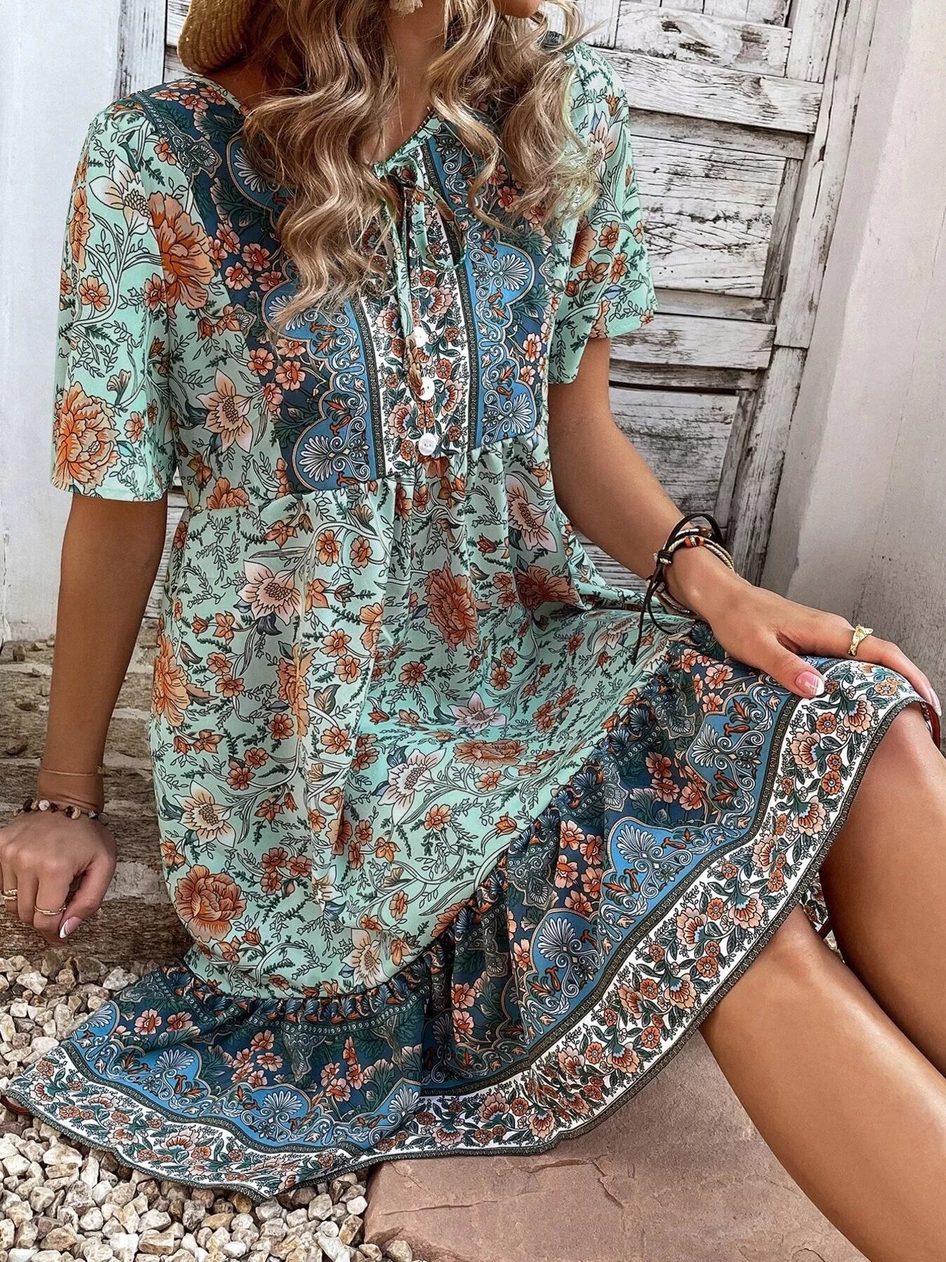 Floral Print Tie-Neck Ruffle Hem Mini Dress