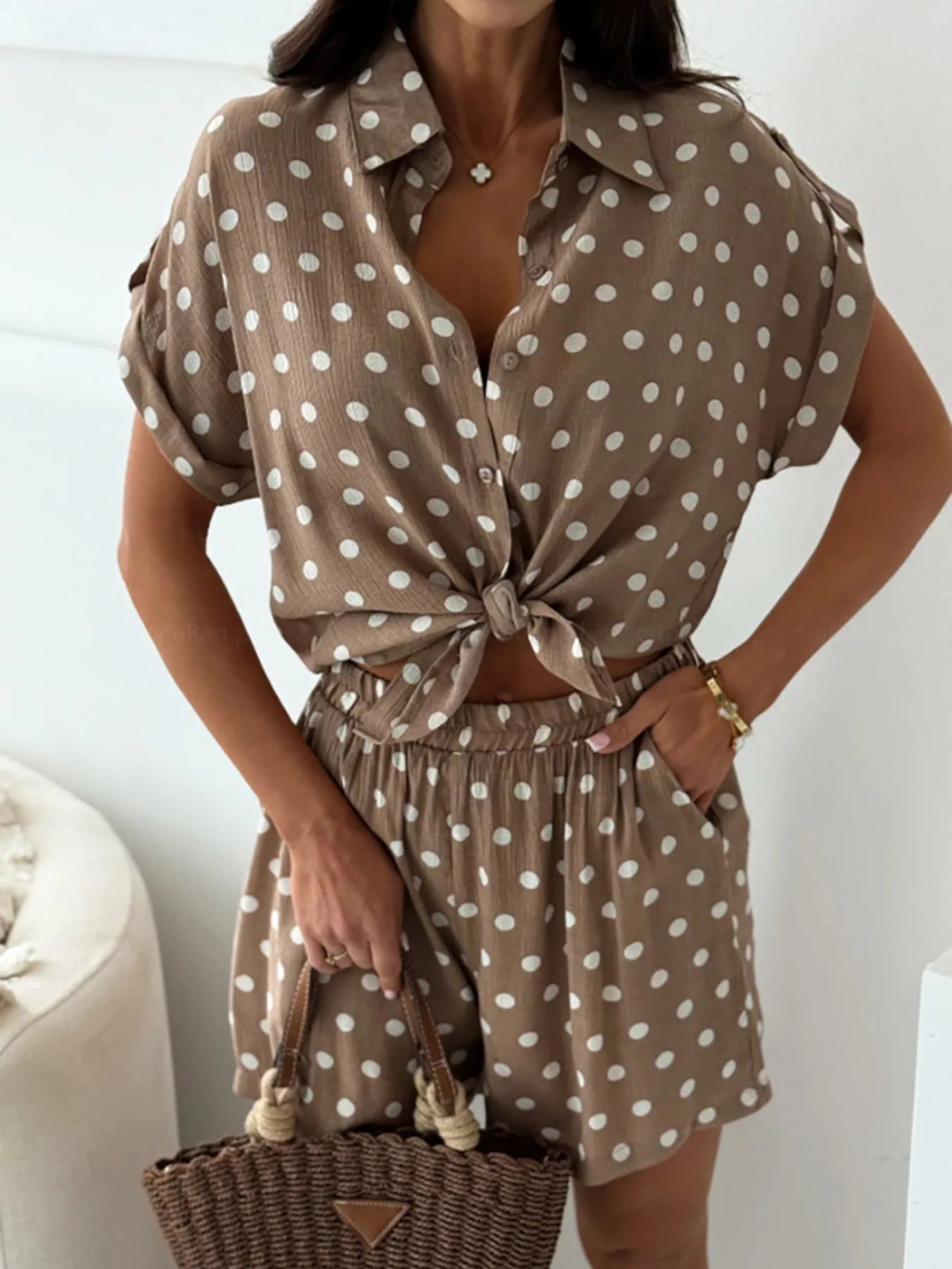 Polka Dot Button Up Shirt and Shorts Set