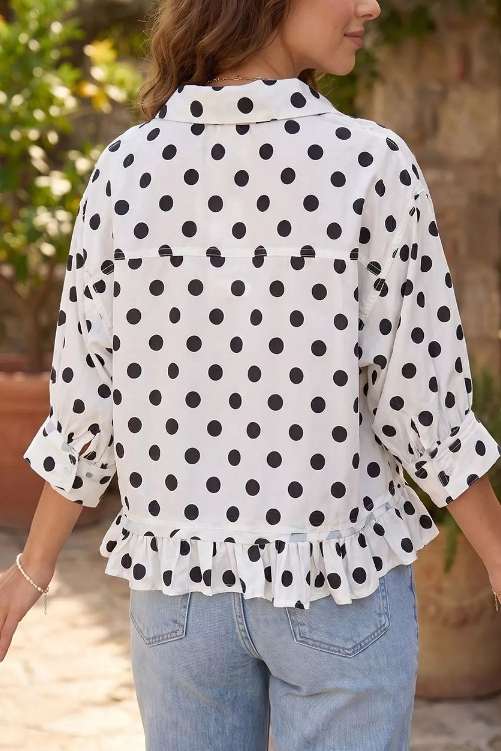 Polka Dot Print Three‑Quarter‑Sleeve Ruffle Hem Casual Shirt