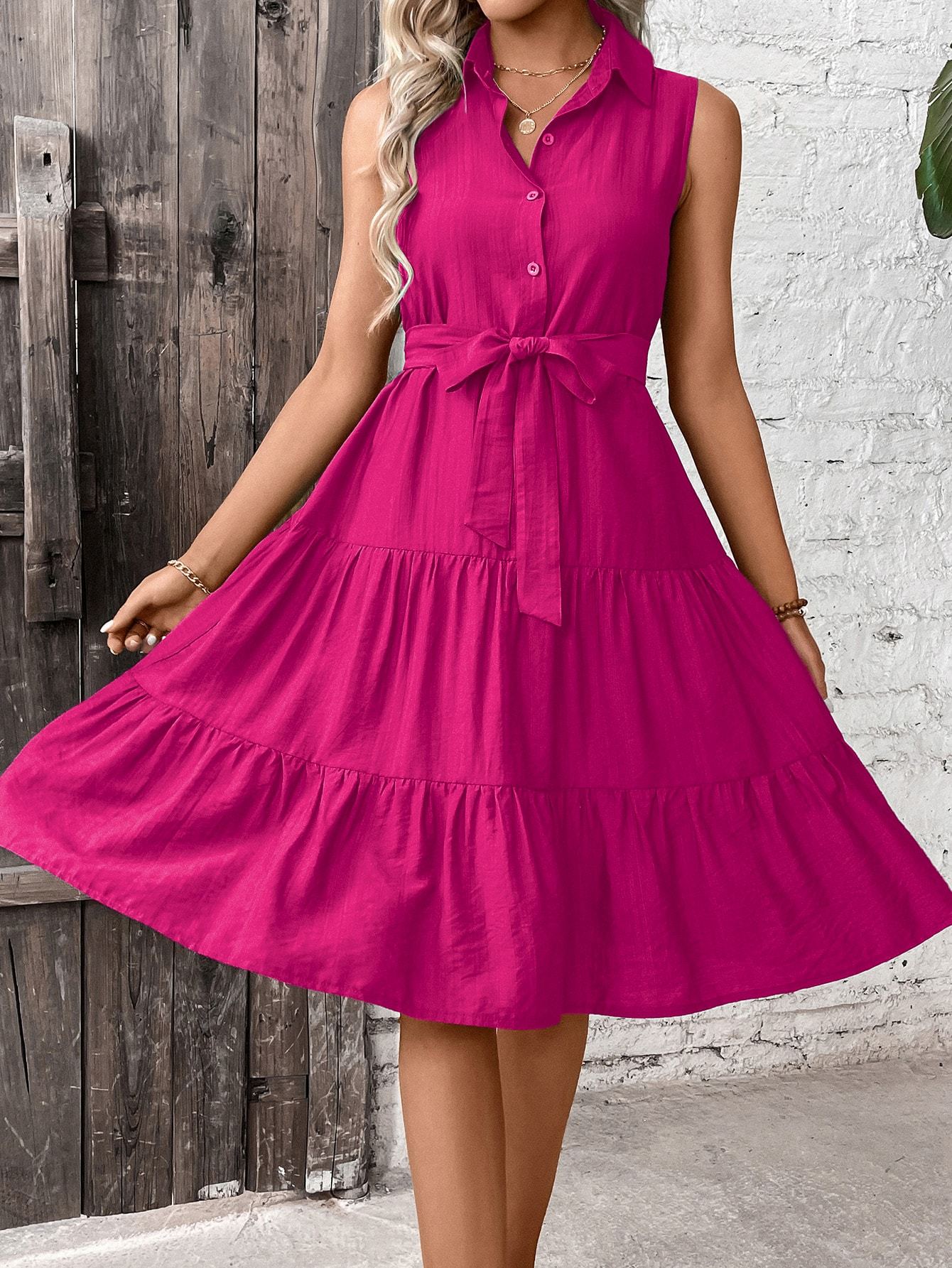 🌴 Women's Ruffle Hem Belted Shirt Maxi Dress
