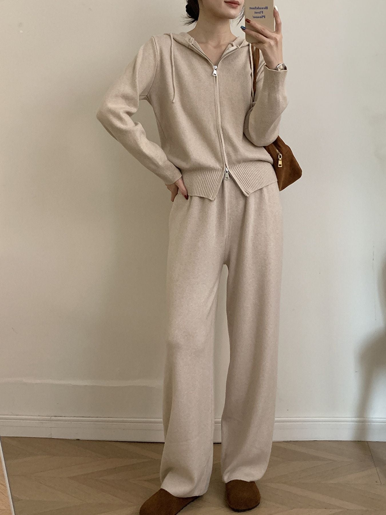 Zip Up Cardigan and Drawstring Wide Leg Pants Knit Set