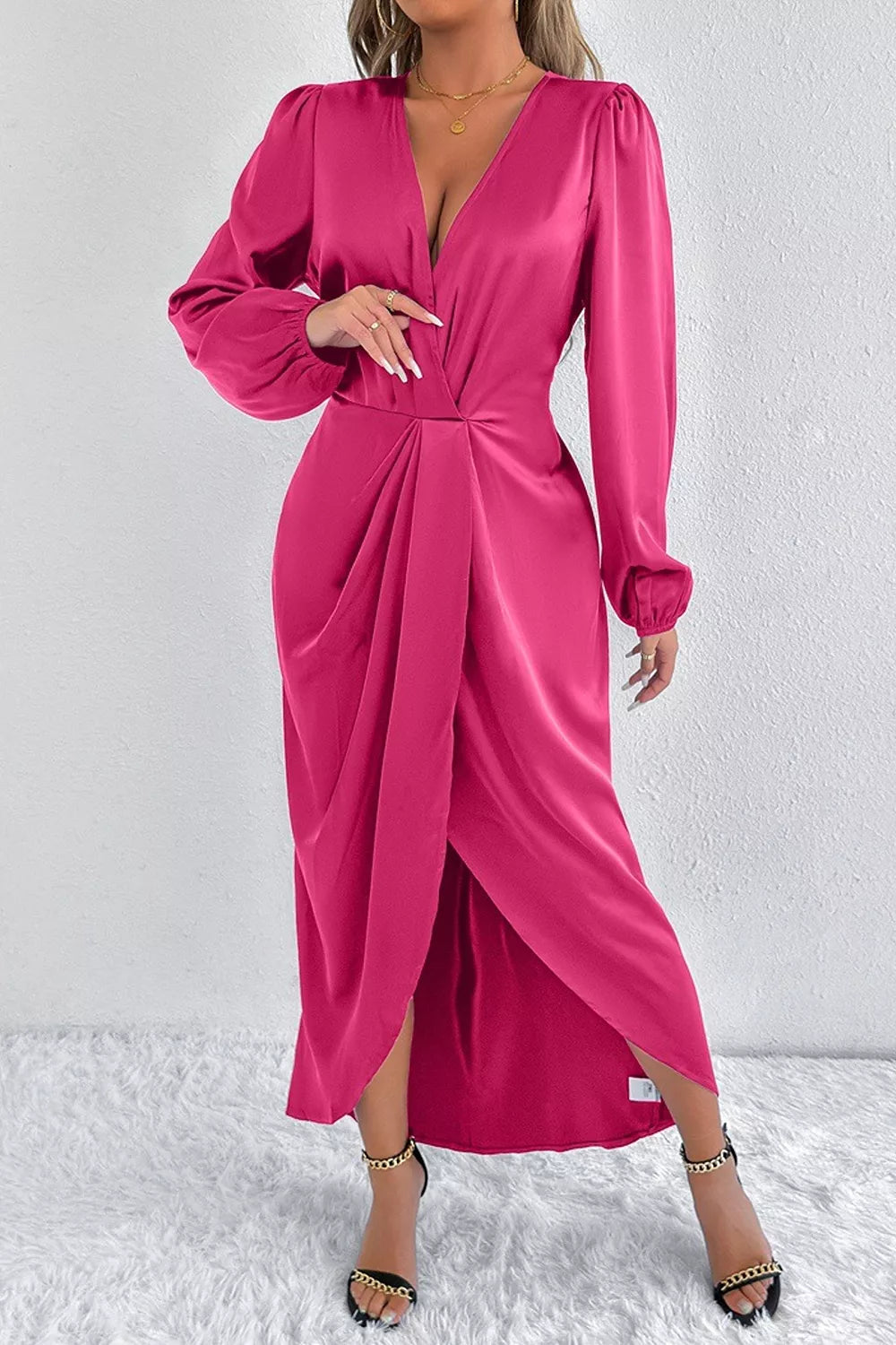 Satin Balloon Sleeve Midi Dress