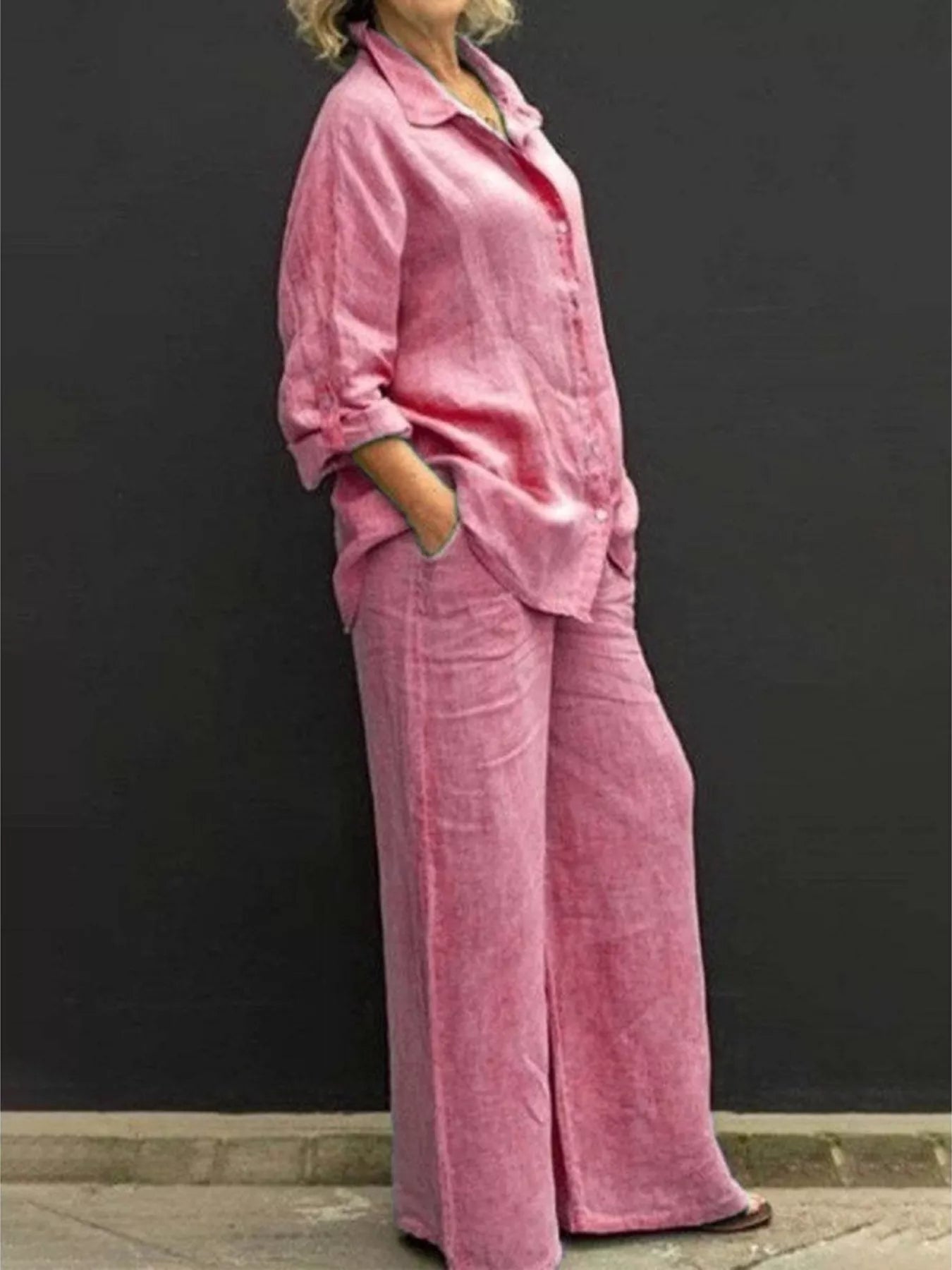 Full Size Long Sleeve Shirt and Pants Set Plus Size