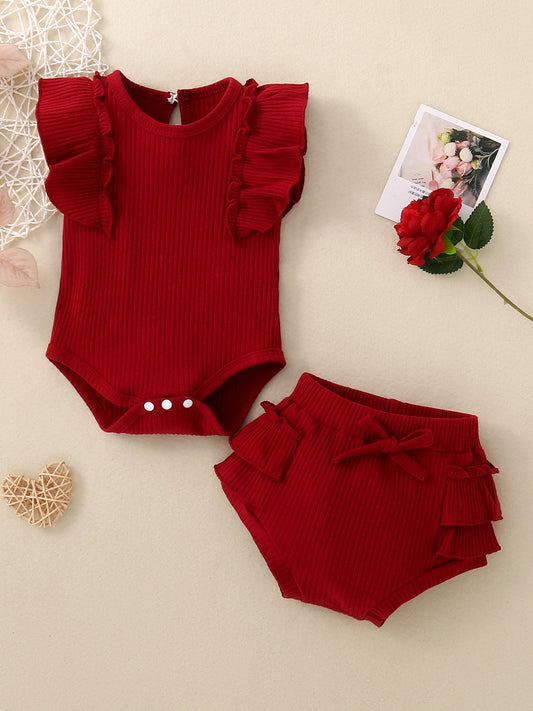 Children's Ribbed Ruffle Trim Bodysuit & Shorts Set