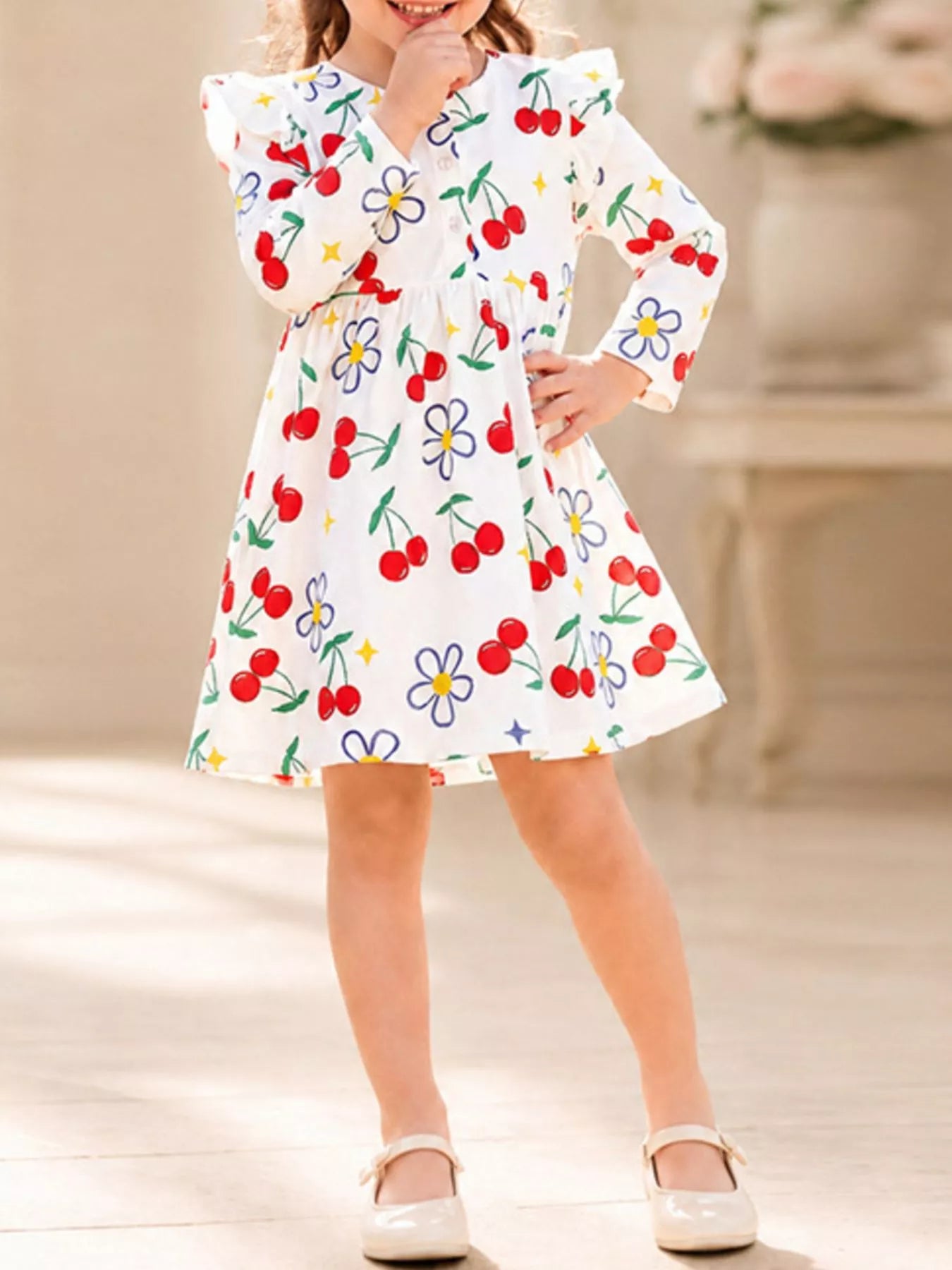 Children's Long-Sleeve Cherry and Flower Print A-Line Dress