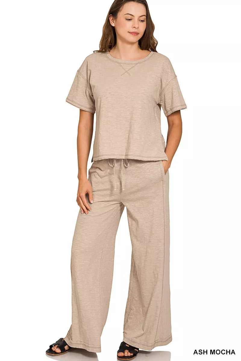 Zenana Cotton Slub Short Sleeve Tee and Pants Set