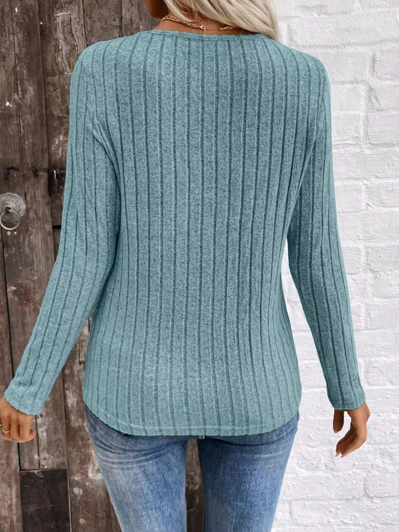 Ribbed V-Neck Long Sleeve T-Shirt