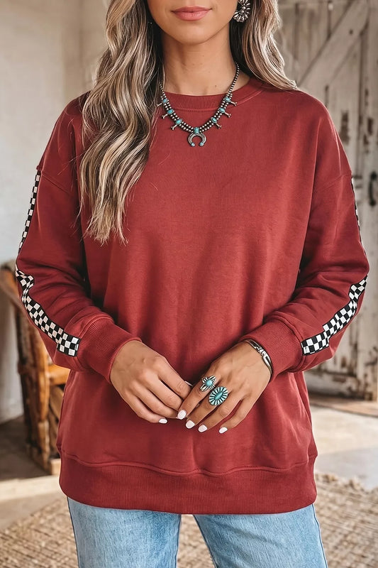 Checkered Trim Long Sleeve Round Neck Shift Sweatshirt