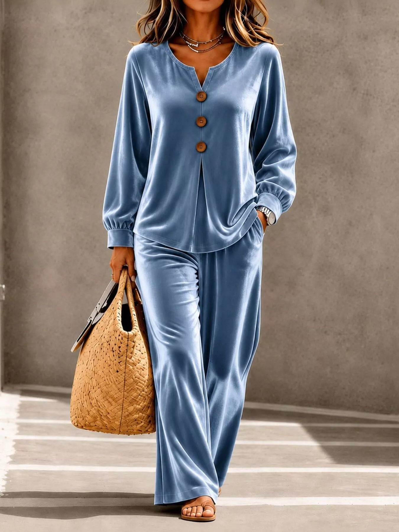 Elegant Velvet Decor-Button Top and Pants Set