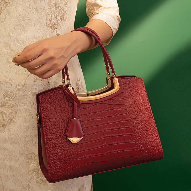 Crocodile Embossed Leather Top Handle Handbag