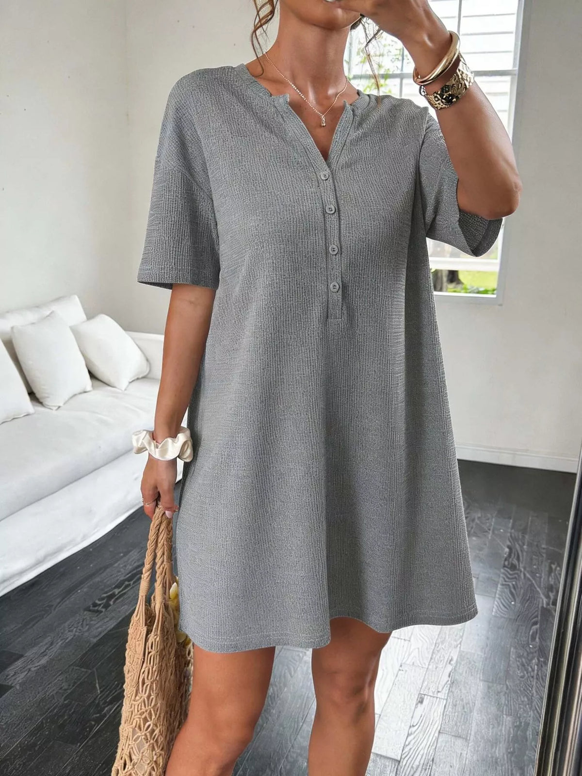 Button-Front Short Sleeve Dress