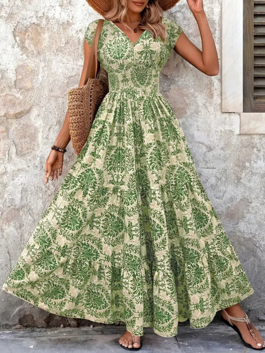 Full Size Printed V-Neck Tiered Maxi Dress Plus Size