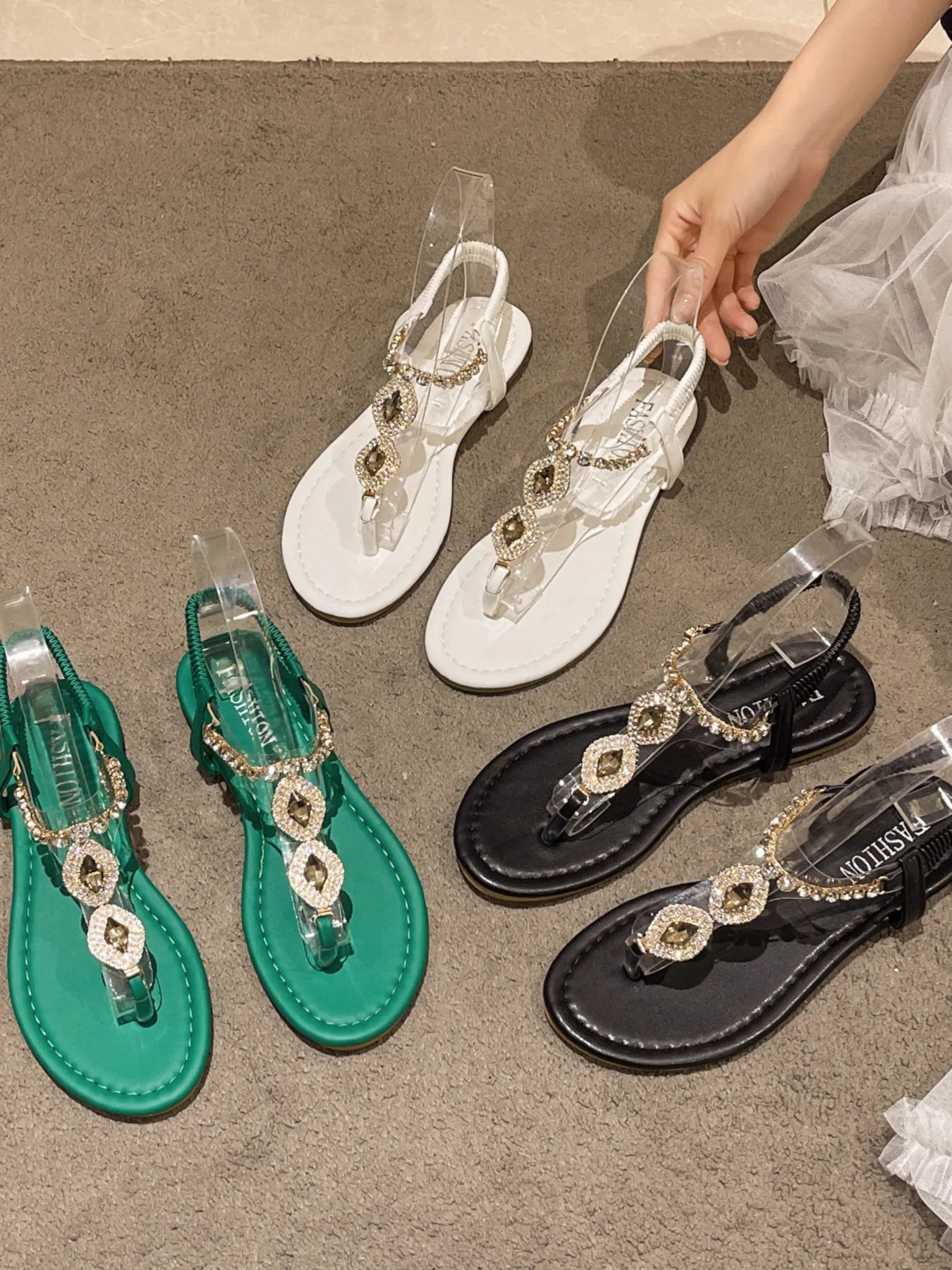Rhinestone T-Strap Flat Sandals