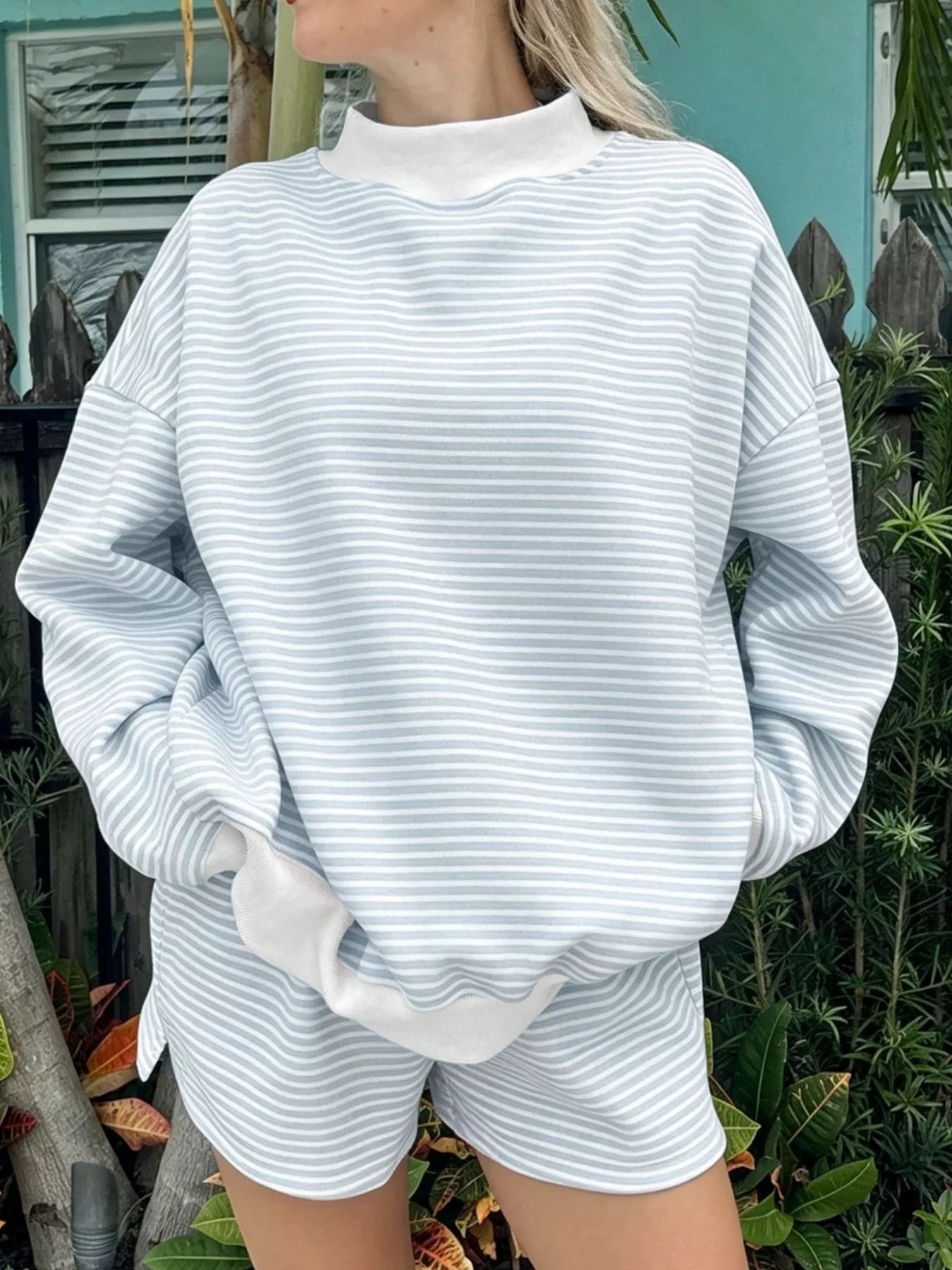 Striped Mock Neck Sweatshirt and Shorts Set