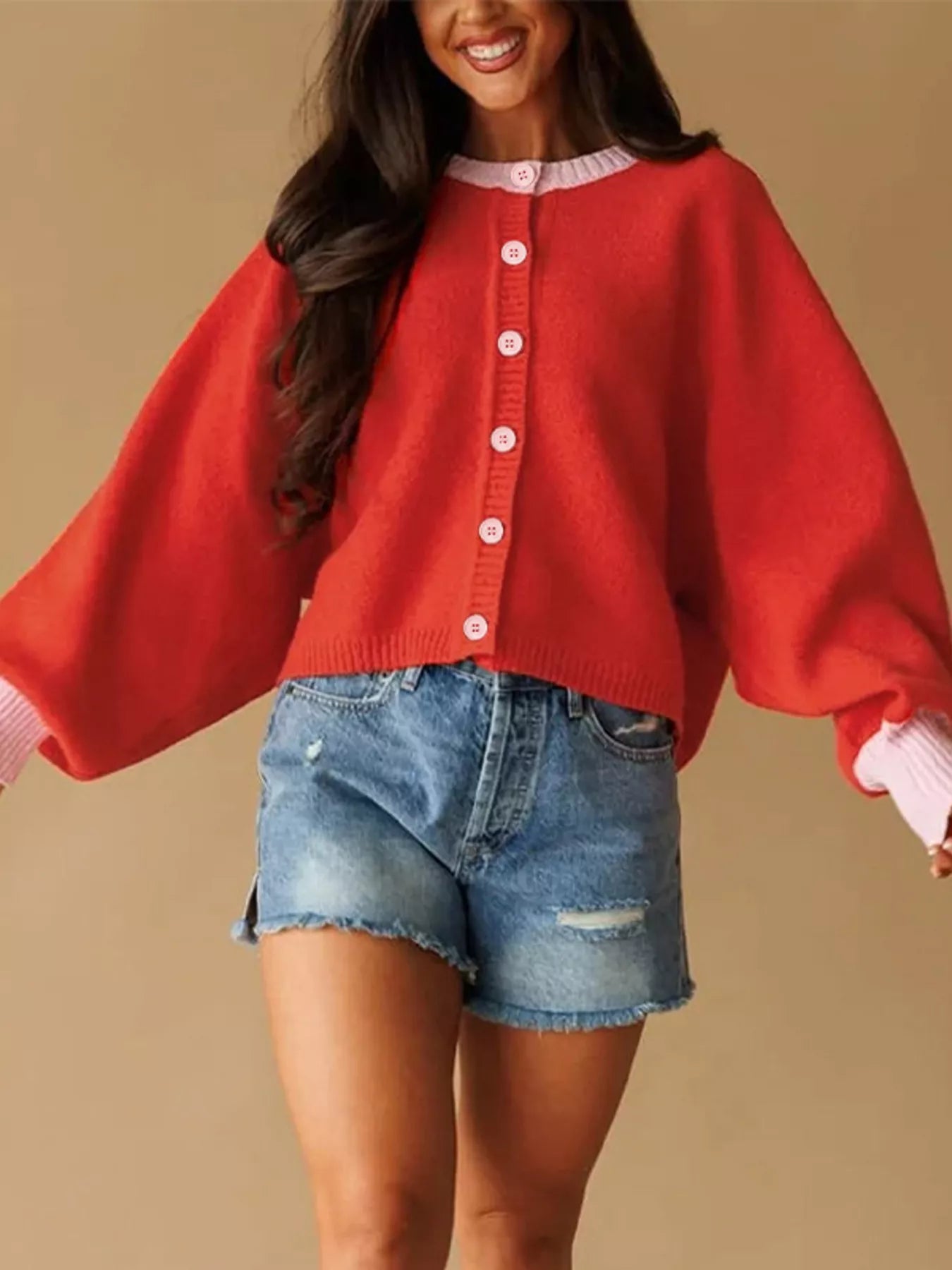 Button-Front Knit Cardigan with Contrast Trim