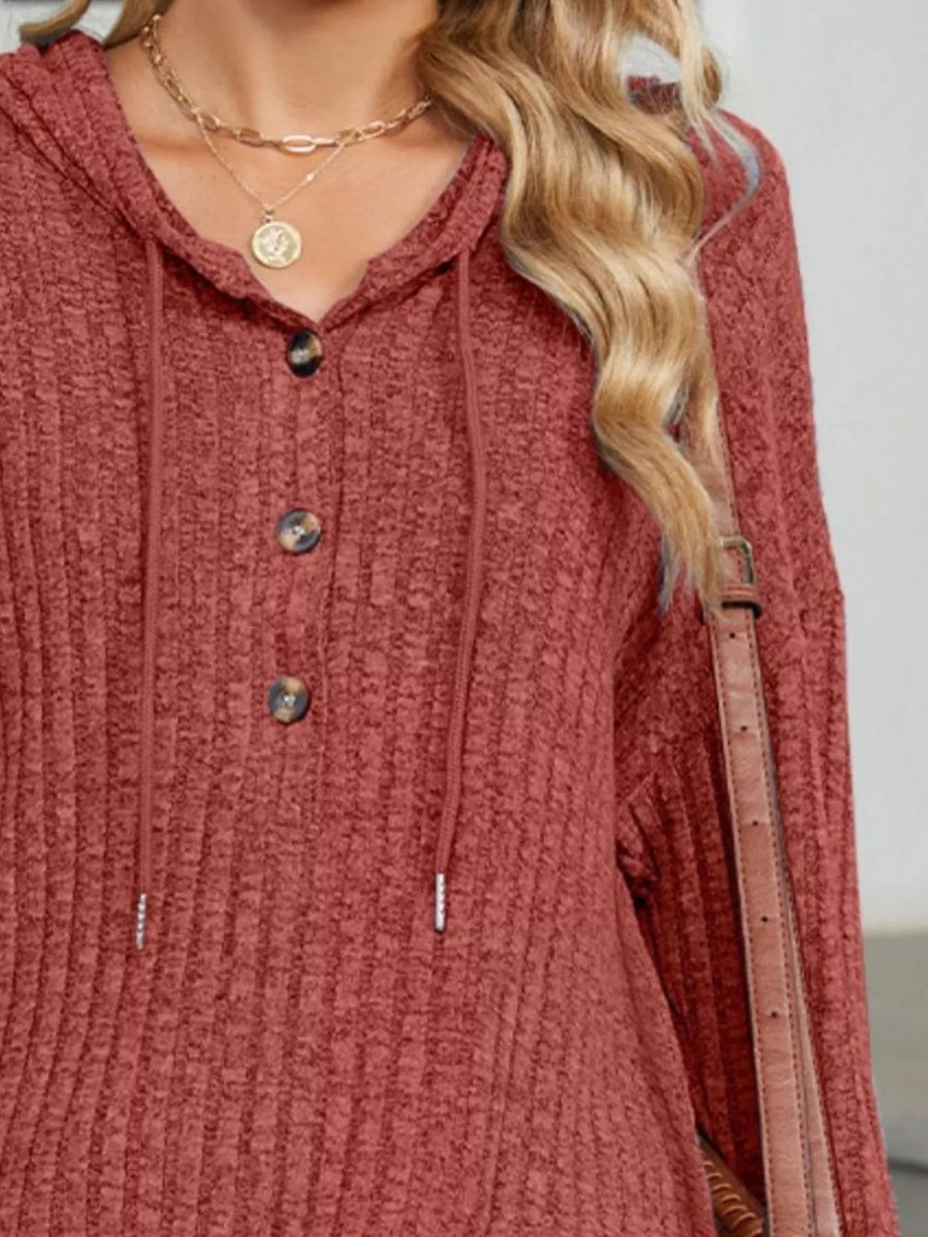 Ribbed Knit Drawstring Long Sleeve Hoodie