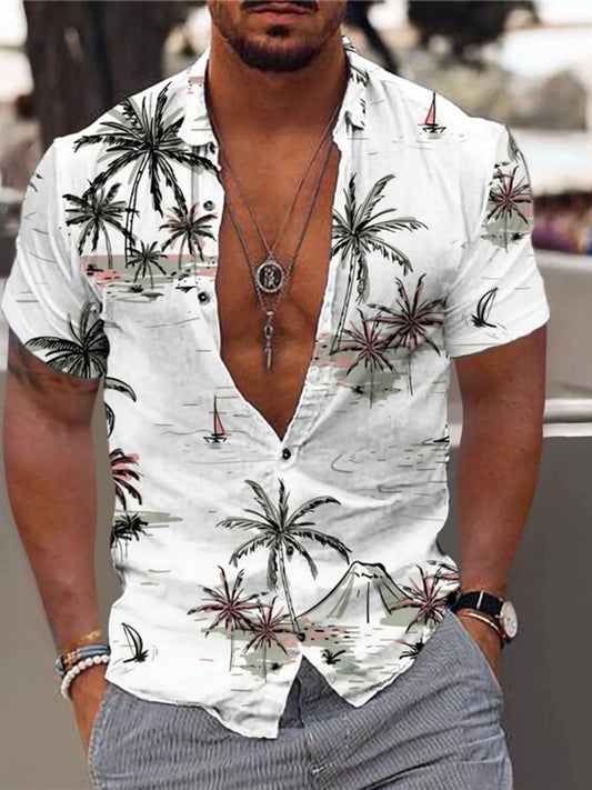 Men's Full Size Tropical Print Short Sleeve Button-Down Shirt Plus Size