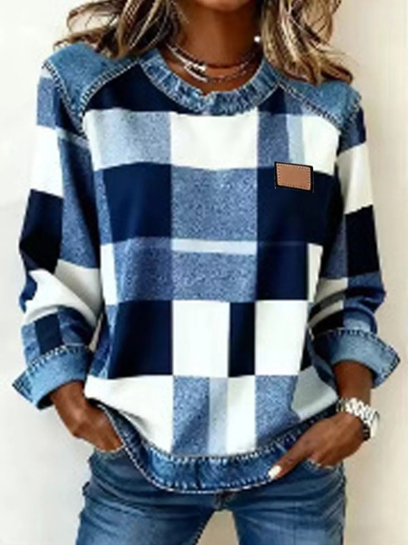 Full Size Plaid Denim Trim Long Sleeve Sweatshirt Plus Size