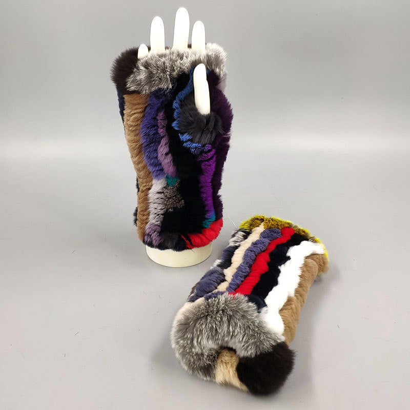 Winter Wristband Mid-Length Gloves - Rex Rabbit Fur Insulation With Striped Half-Finger Design