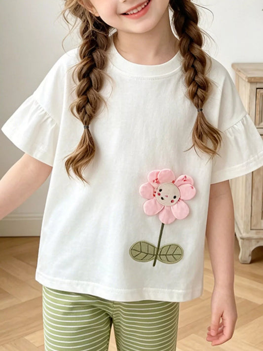 Children's 3D Flower Applique Ruffle Sleeve Top & Striped Pants Set
