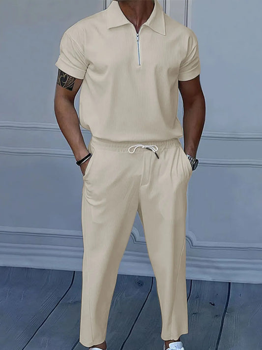 Men's Full Size Quarter Zip Short Sleeve Polo and Pants Set Plus Size