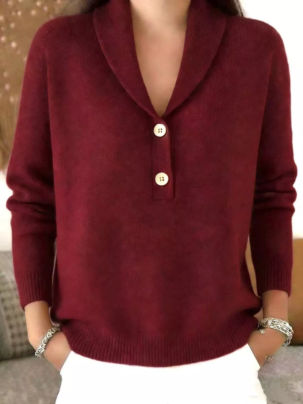 Shawl Collar Button Detail Sweater