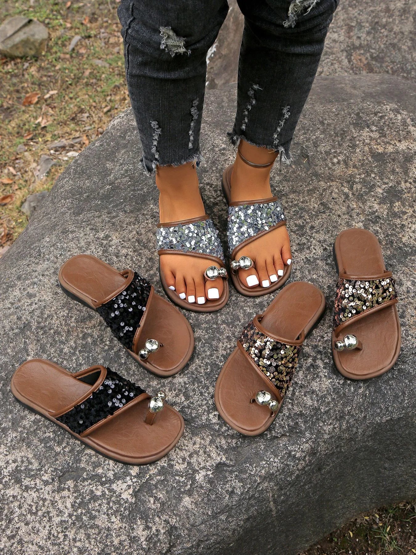 Sequin Toe Loop Flats Sandals