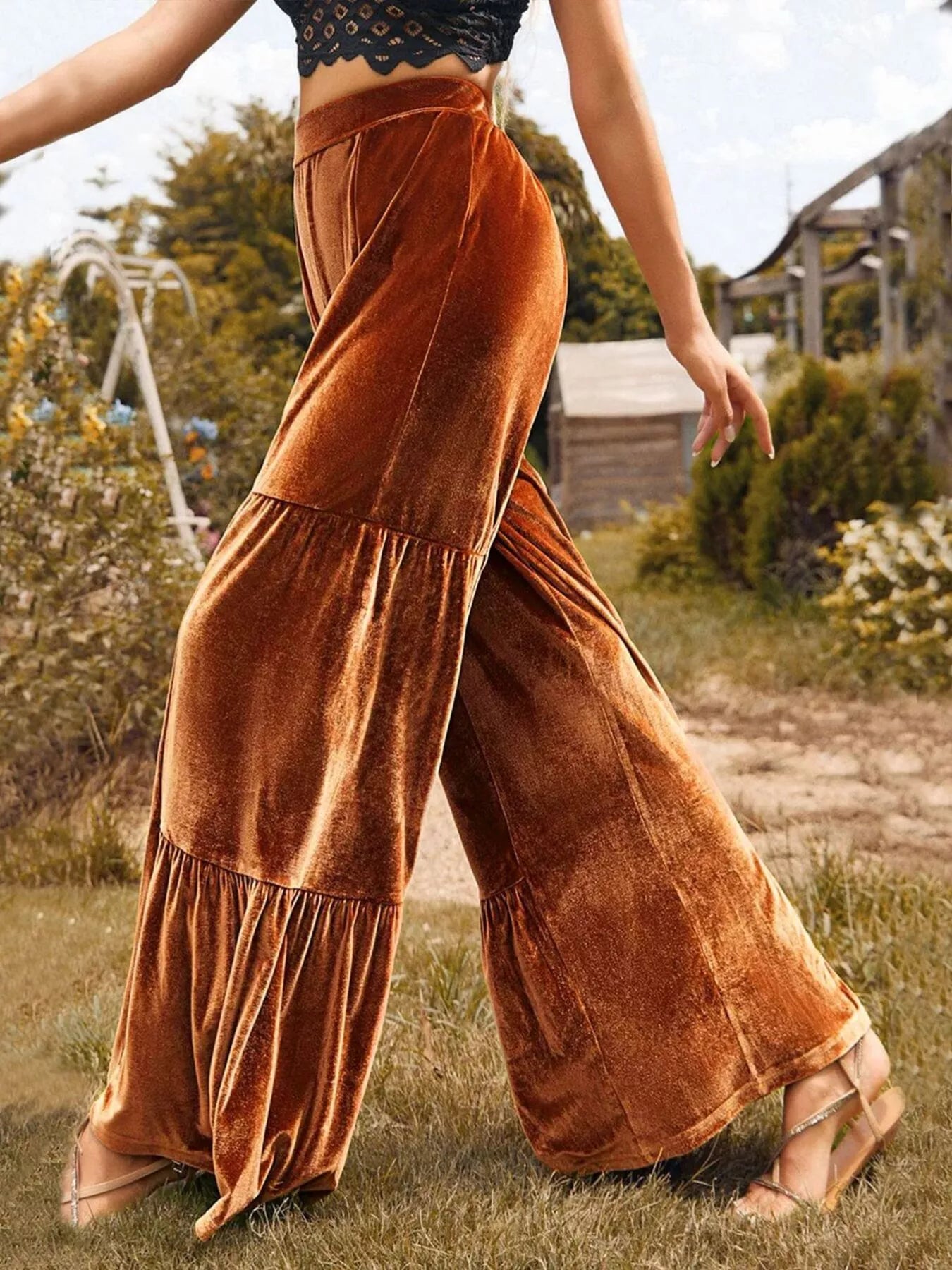 Velvet High Waist Wide Leg Pants