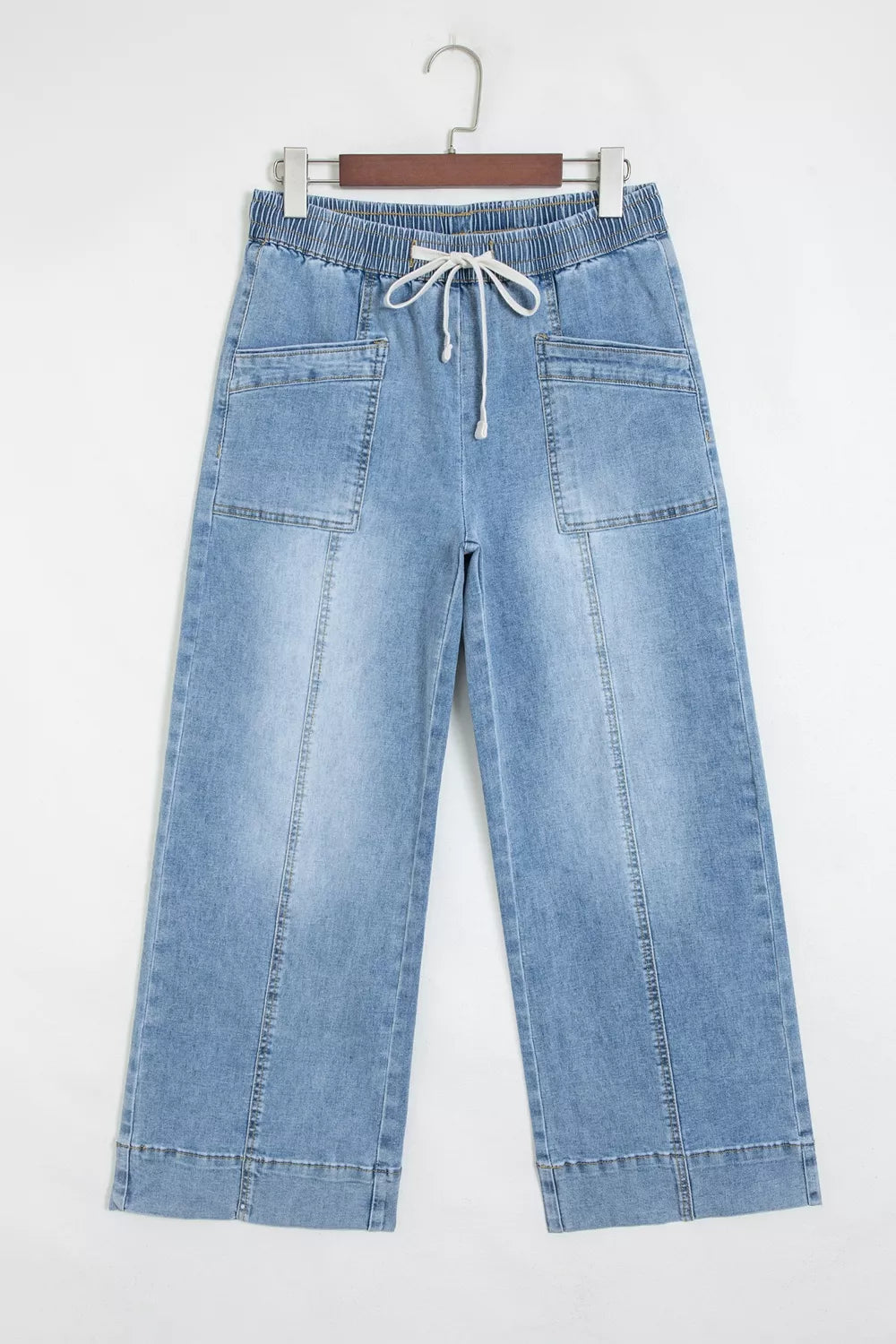 Drawstring Waist Wide Leg Ankle Length Jeans