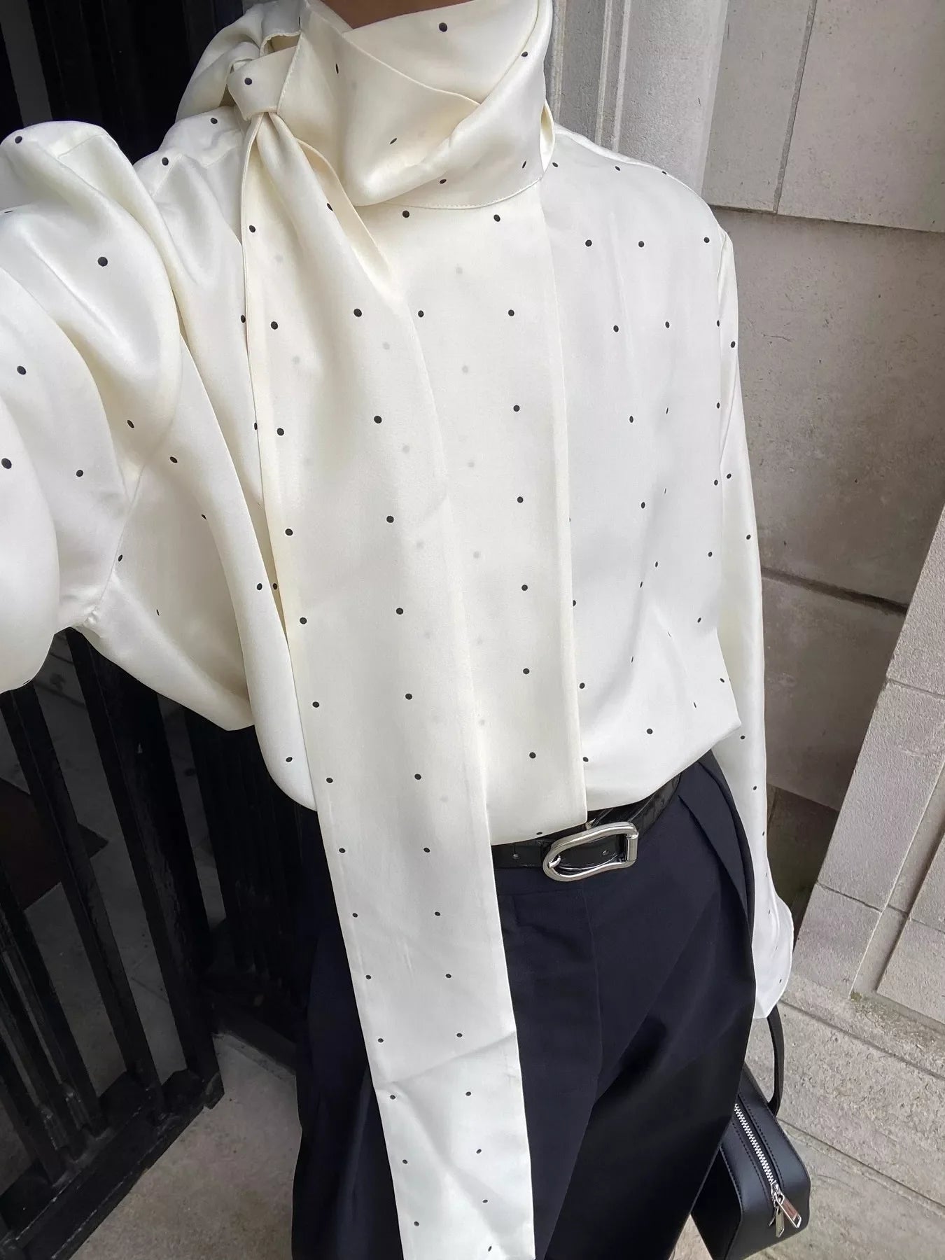 Polka Dot Silk Blouse with Scarf Neck Tie