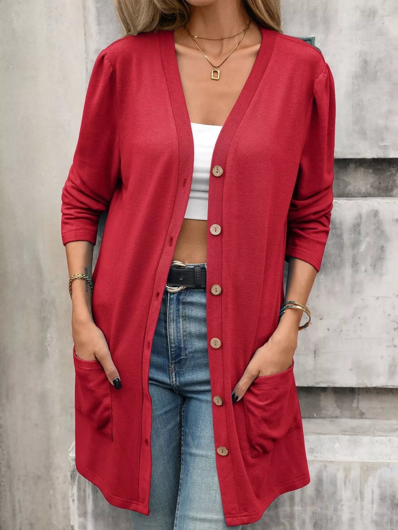 V-Neck Button-Up Long Sleeve Cardigan with Pockets