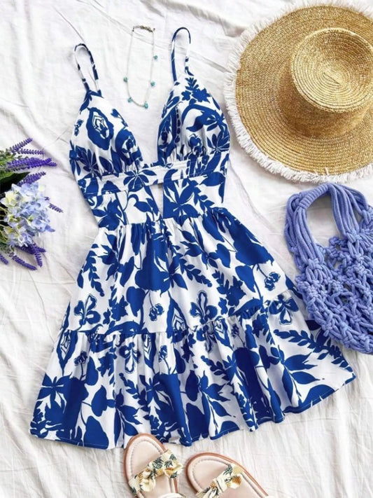 Floral Print V-Neck Tiered Mini Dress